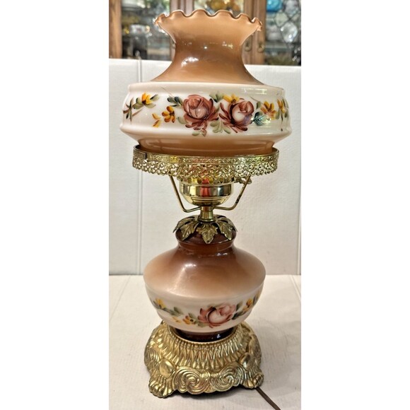 VTG Accurate Casting Hurricane Parlor Lamp Brown Floral Gone With The Wind WORKS - Picture 1 of 9